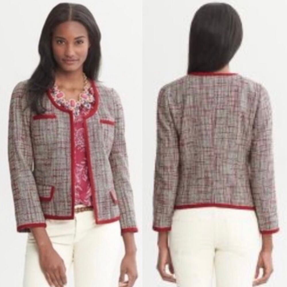 Banana Republic Sz 4 Collarless Tweed Blazer Lady Jacket Semi Open Deep Garnet